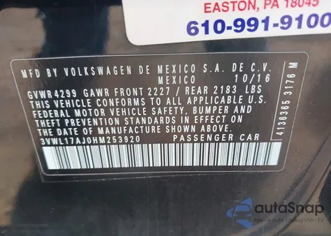 2017 Volkswagen Jetta 1.8T Sel/1.8T Sel Premium from USA, damaged, VIN 3VWL17AJ0HM253920